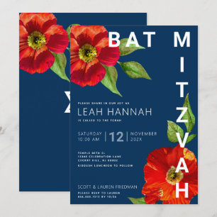 Navy Blue Bat Mitzvah Rood Bloemen Waterverf Moder Kaart