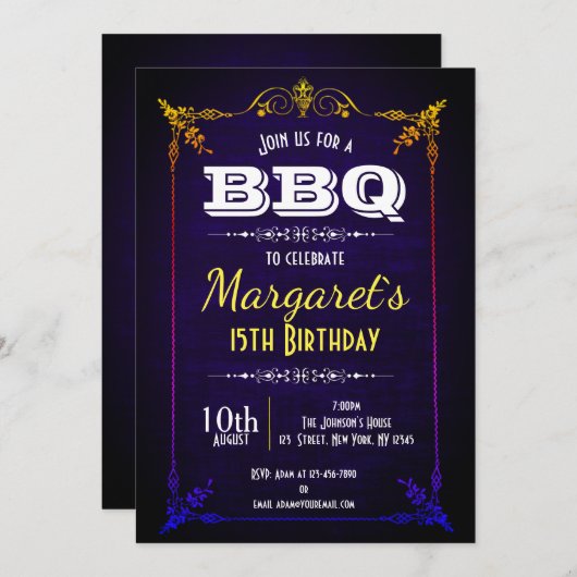Navy Blue BBQ Birthday Party Invite Kaart (Voorkant / Achterkant)