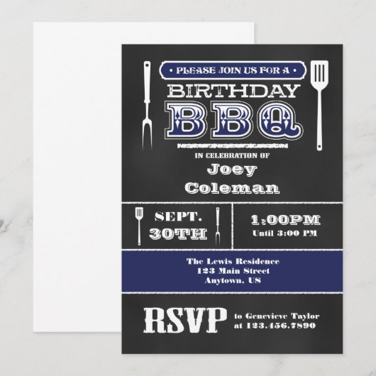 Navy Blue BBQ Verjaardag schoolbord uitnodiging (Voorkant / Achterkant)