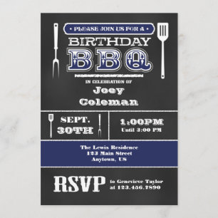 Navy Blue BBQ Verjaardag schoolbord uitnodiging