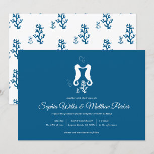 Navy Blue Beach Coral and Seahorse Wedding Kaart