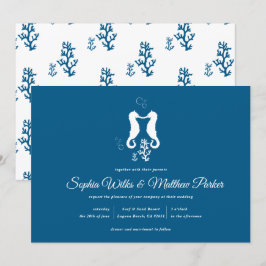 Navy Blue Beach Coral en Seahorse Wedding Kaart