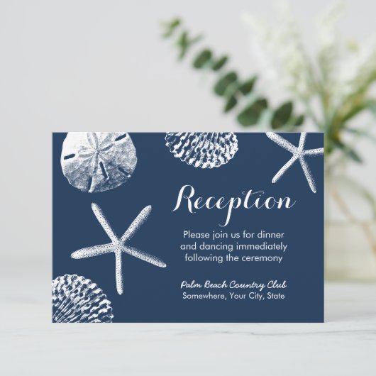 Navy Blue Beach schelpen bruiloft receptie Informatiekaartje (Staand voorkant)