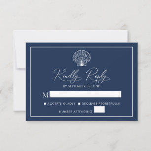 Navy Blue Beach Seashell Elegant Bruiloft RSVP Kaartje