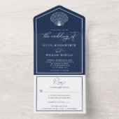 Navy Blue Beach Seashell Kustbruiloft All In One Uitnodiging (Binnen)