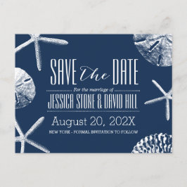 Navy Blue Beach Seashells Weddenschap Save the Dat Aankondigingskaart