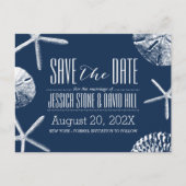 Navy Blue Beach Seashells Weddenschap Save the Dat Aankondigingskaart (Voorkant)