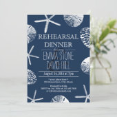 Navy Blue Beach Seashells Wedding Rehearsal Dinner Kaart (Staand voorkant)