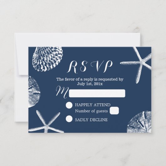 Navy Blue Beach Theme Seashells Weddenschap RSVP Kaartje (Voorkant)