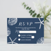 Navy Blue Beach Theme Seashells Weddenschap RSVP Kaartje (Staand voorkant)