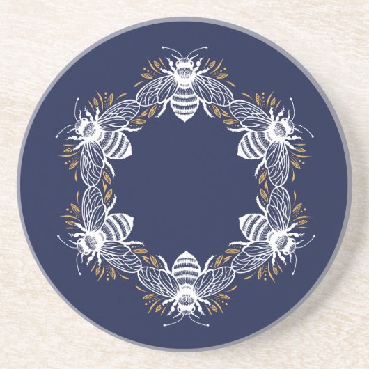 Navy Blue Bee Circle Zandsteen Onderzetter (Voorkant)