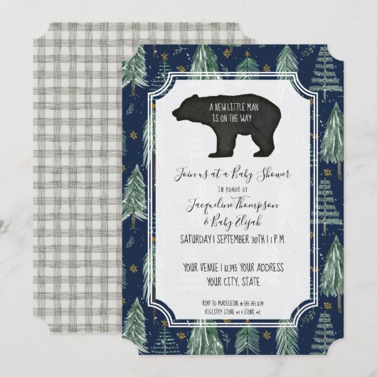 Navy Blue Beer Woodsy Forest Trees Baby Boy Shower Kaart (Voorkant / Achterkant)