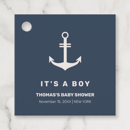 Navy Blue Beige Nautisch Anker Baby shower Bedankjes Labels (Voorkant)