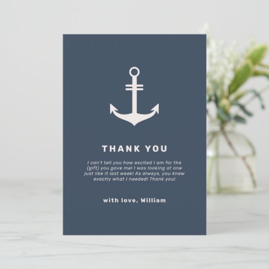 Navy Blue Beige Nautisch Anker Baby shower Bedankkaart (Staand voorkant)