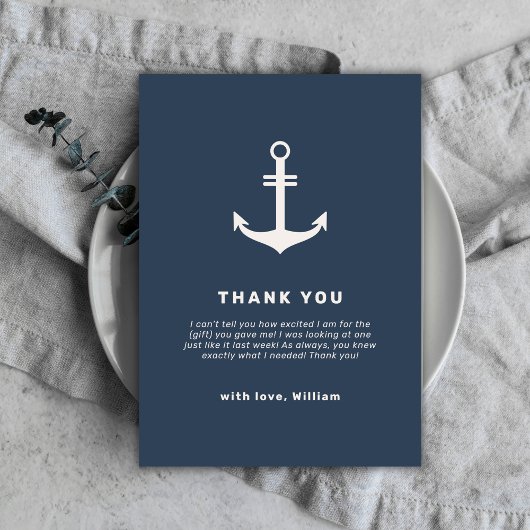 Navy Blue Beige Nautisch Anker Baby shower Bedankkaart
