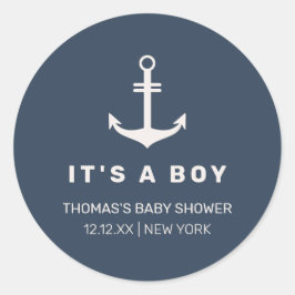 Navy Blue Beige Nautisch Anker Baby shower Ronde Sticker