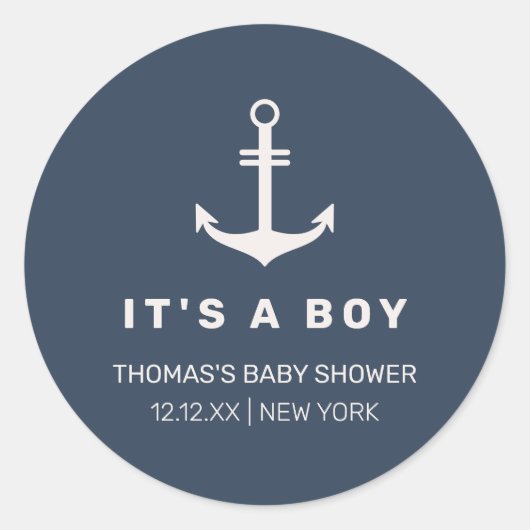 Navy Blue Beige Nautisch Anker Baby shower Ronde Sticker (Voorkant)