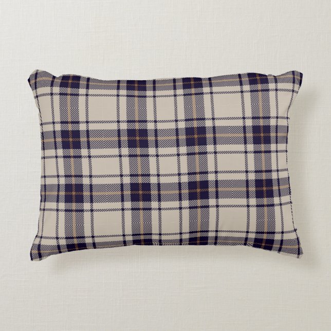 Navy Blue beige Scottish Tartan Pset Pattern Accent Kussen (Voorkant)