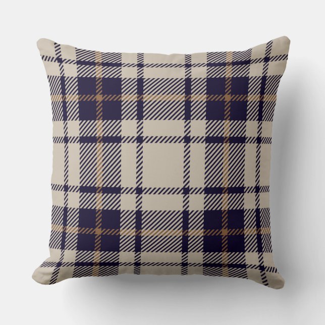 Navy Blue beige Scottish Tartan Pset Pattern Kussen (Voorkant)