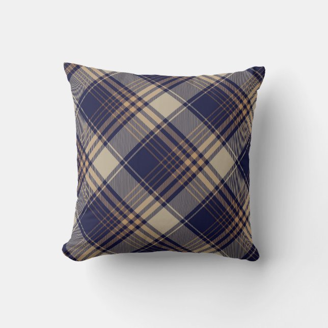 Navy Blue Beige Tartan Pset Argyle Patroon Kussen (Voorkant)