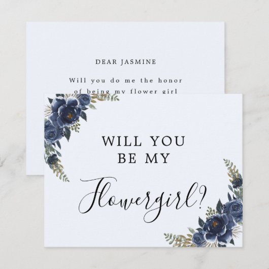 Navy Blue, ben jij mijn bloemenmeisje Kaart (Voorkant / Achterkant)