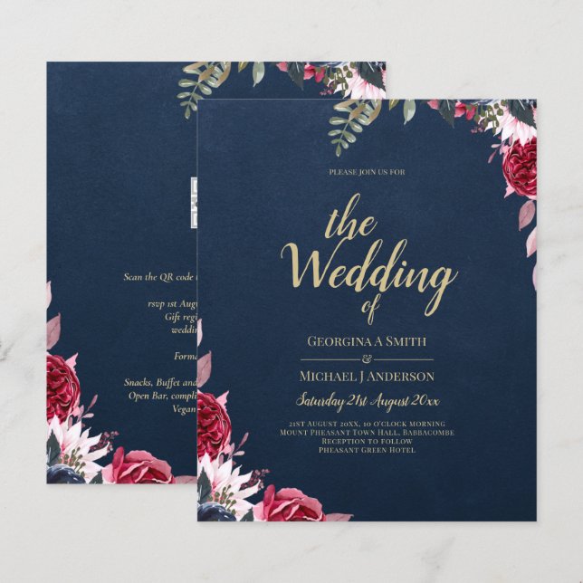 Navy Blue Berry Floral Burgundy Winter Herfst (Voorkant / Achterkant)