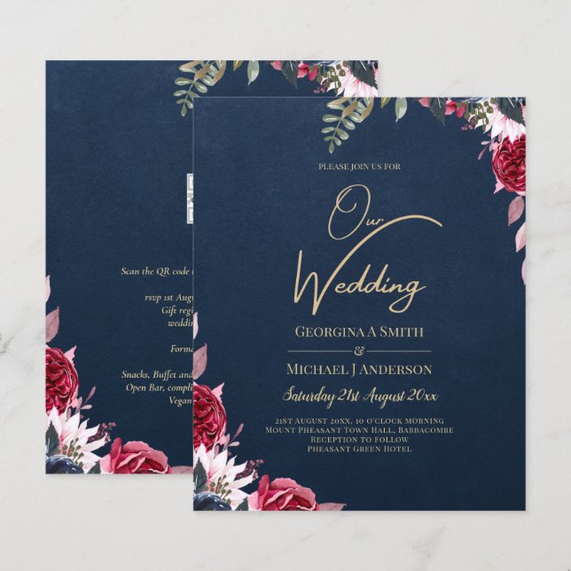 Navy Blue Berry Floral Burgundy Winter Herfst (Voorkant / Achterkant)