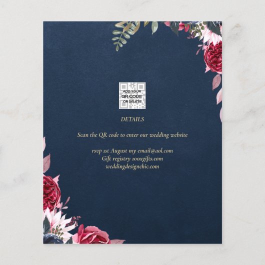 Navy Blue Berry Floral Burgundy Winter Herfst Flyer (Achterkant)