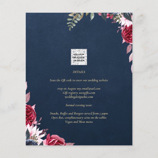 Navy Blue Berry Floral Burgundy Winter Herfst Flyer (Achterkant)