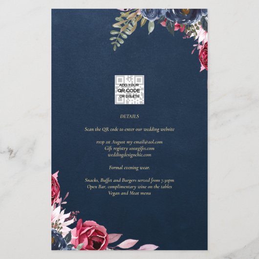 Navy Blue Berry Floral Burgundy Winter Herfst Flyer (Achterkant)