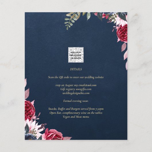 Navy Blue Berry Floral Burgundy Winter Herfst Flyer (Achterkant)