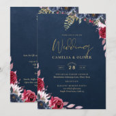 Navy Blue Berry Floral Burgundy Winter Herfst Kaart (Voorkant / Achterkant)