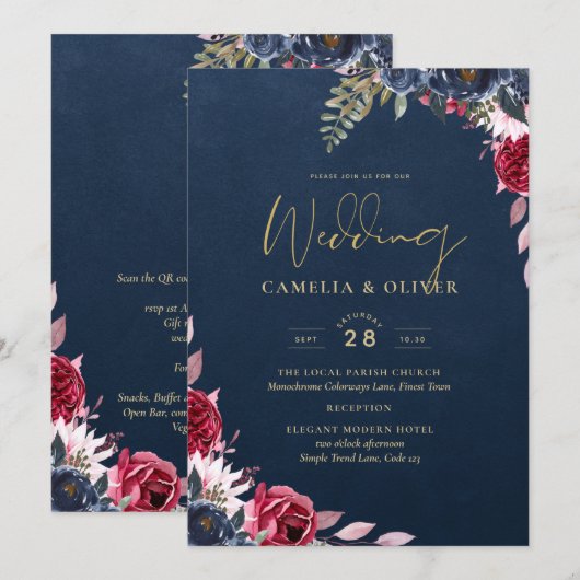 Navy Blue Berry Floral Burgundy Winter Herfst Kaart (Voorkant / Achterkant)