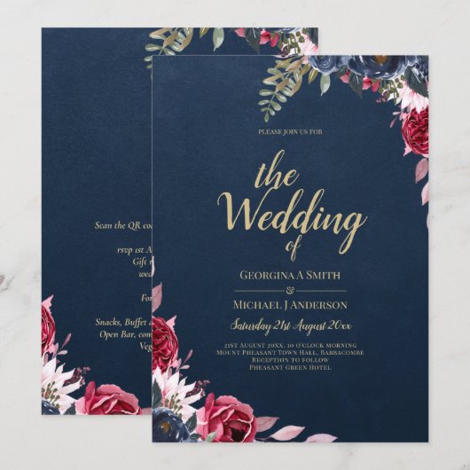 Navy Blue Berry Floral Burgundy Winter Herfst Kaart (Voorkant / Achterkant)