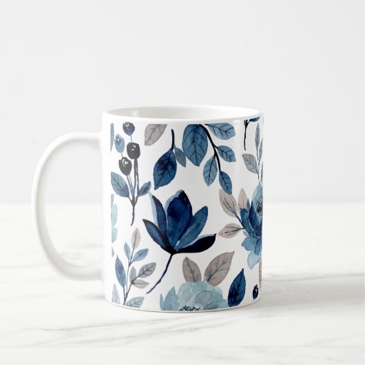 Navy Blue Berry Floral Waterverf Pattern Koffiemok (Links)