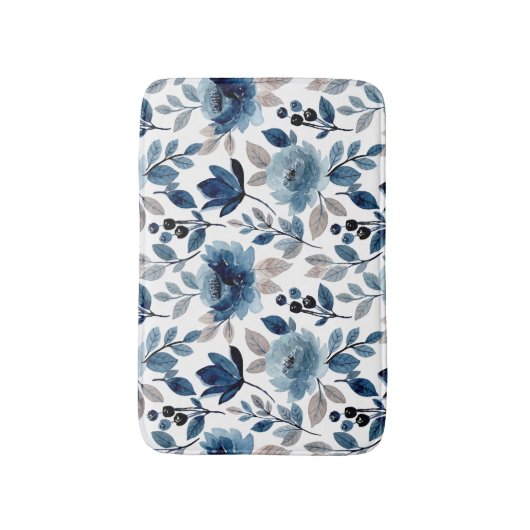 Navy Blue Berry Rozen Floral Pattern Bath Mat (Voorkant Verticaal)