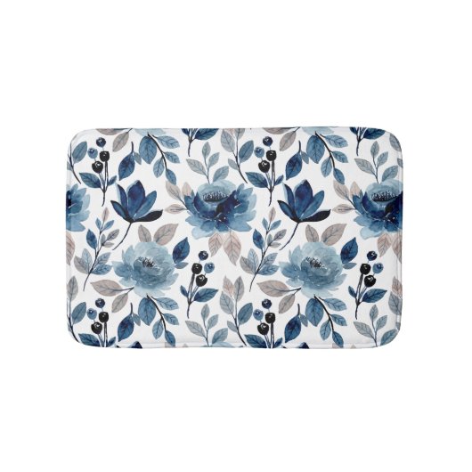 Navy Blue Berry Rozen Floral Pattern Bath Mat (Voorkant)