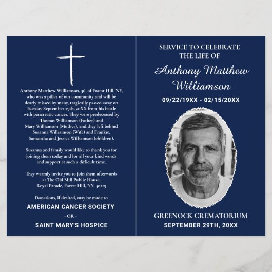 Navy Blue Bi-fold Custom Photo Funeral Programma Flyer (Voorkant)