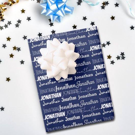 Navy Blue Birthday Custom Name Collage Inpakpapier Vel