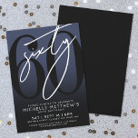 Navy Blue Black 60e verjaardagsfeest Kaart<br><div class="desc">Vier zestig jaar in stijl met deze moderne faux goud tot zwarte gradiënt 60e verjaardagsfeestuitnodiging. Het ontwerp is voorzien van een grote zwarte "60" over het grootste deel van de kaart, met een handgeschreven script-stijl witte "Sixty" gelaagd over het voor een gedurfde, eigentijdse look. De feestdetails zitten netjes onderaan in...</div>