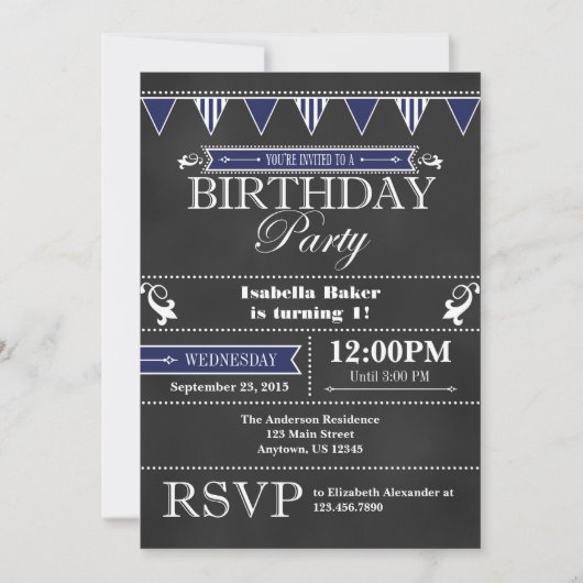 Navy Blue Black Chalkboard Birthday Invitation Kaart (Voorkant)