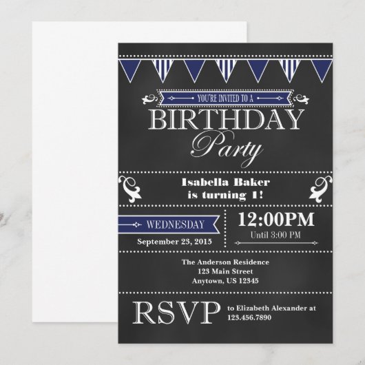 Navy Blue Black Chalkboard Birthday Invitation Kaart (Voorkant / Achterkant)