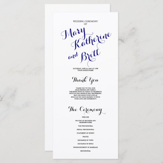 Navy Blue Black Classic Script | Trouwprogramma Programmakaart (Voorkant / Achterkant)