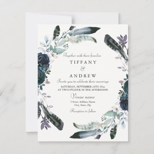 Navy Blue Black Floral Wreath Wedding Invitation Kaart (Voorkant)