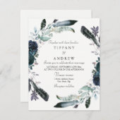 Navy Blue Black Floral Wreath Wedding Invitation Kaart (Voorkant / Achterkant)
