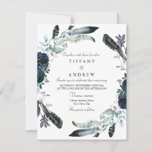 Navy Blue Black Floral Wreath Wedding Invitation Kaart