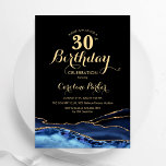 Navy Blue Black Gold Agaat 30e verjaardag Kaart<br><div class="desc">Navy blauw,  zwart en goud agaat 30e verjaardag uitnodiging. Elegant modern design met koningsblauwe waterverf agaat marmeren geode achtergrond,  faux glitter gold en typografie script lettertype. Trendy uitnodigingskaart perfect voor een stijlvol vrouwenfeest. Gedrukte Zazzle-uitnodigingen of direct downloadbare digitale afdrukbare sjabloon.</div>