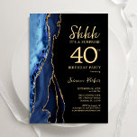 Navy Blue Black Gold Agaat Surprise 40e verjaardag Kaart<br><div class="desc">Navy blauw,  zwart en goud agaat verrassing 40e verjaardag uitnodiging. Elegant modern design met koningsblauwe waterverf agaat marmeren geode achtergrond,  faux glitter gold en typografie script lettertype. Trendy uitnodigingskaart perfect voor een stijlvol vrouwenfeest. Gedrukte Zazzle-uitnodigingen of direct downloadbare digitale afdrukbare sjabloon.</div>