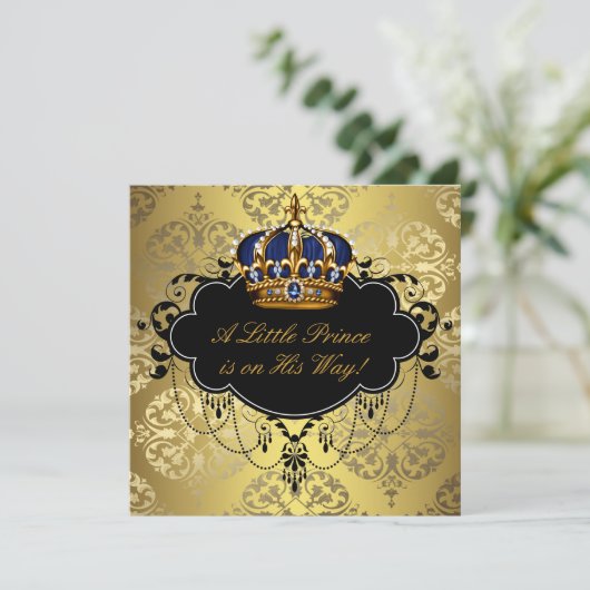 Navy Blue Black Gold Prince Baby shower Kaart (Staand voorkant)