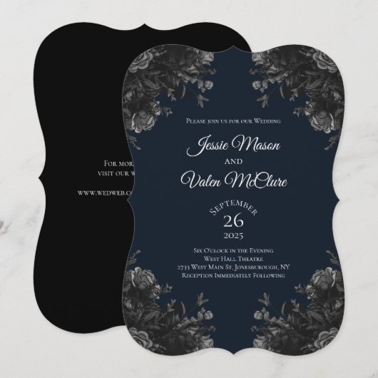 Navy Blue Black Grey Rozen Gothic Elegant Wedding Kaart (Voorkant / Achterkant)